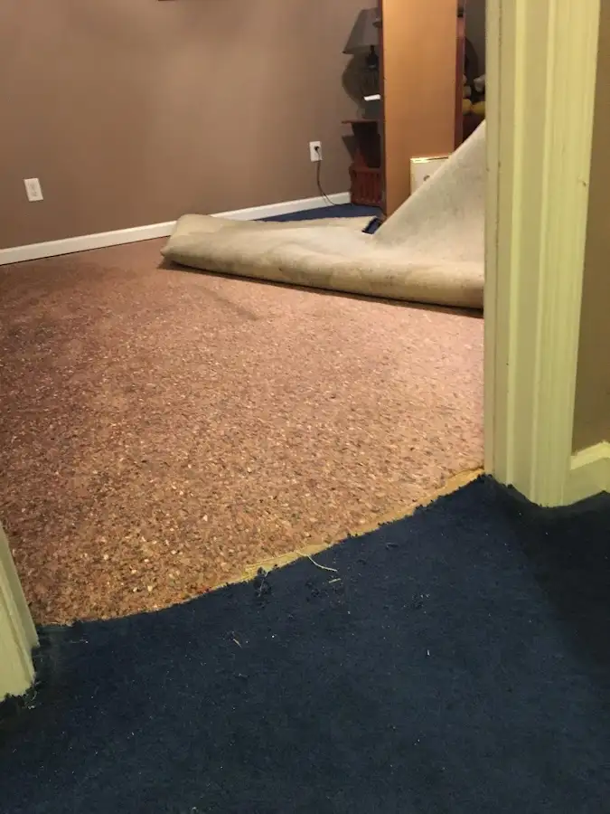 Carpet pad removal revealing water damage during Drying & Dehumidification in Tunkhannock